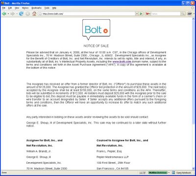 A screenshot from Bolt.com's distressed auction sale, January 2008