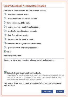 Facebook Account Deactivation Screen